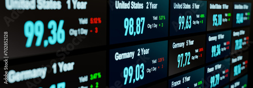 Germany and United States government bonds, yield and price information. Bond market trading, interest rates, treasury bonds, investment.