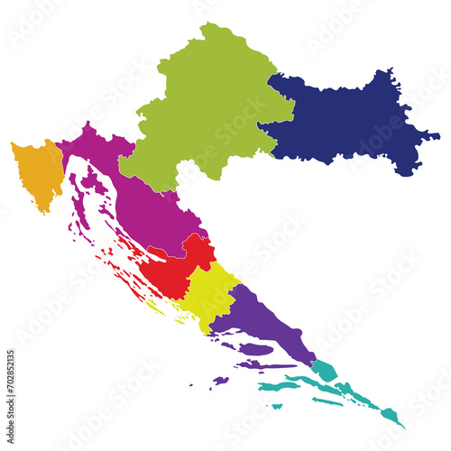 Croatia map. Map of Croatia in eight mains regions in multicolor