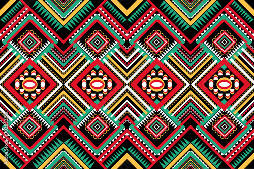 ethnic design pattern seamless tribal India green red black white geometric shapes colored triangles arranged together
design for paints Textile carpet  