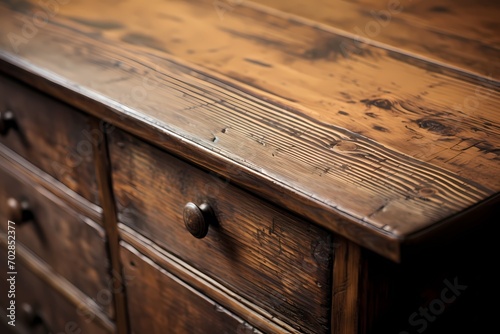 Close-up view of a vintage pine desk, capturing the warmth and character of the aged wood