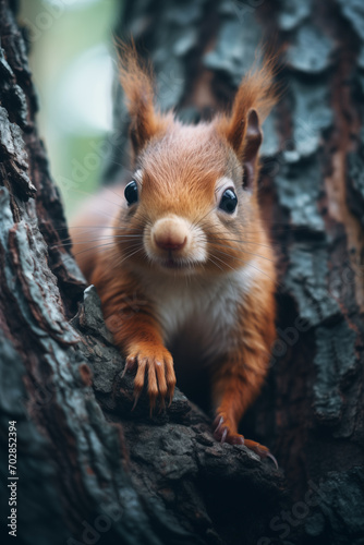 a small red squirrel on the bark of a tree © FR-Studio