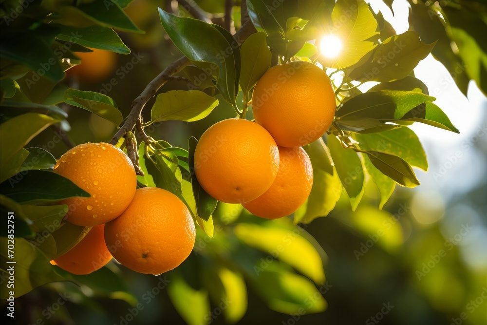 Organic Ripe Oranges and Tangerines Growing on Citrus Branches in Sunny Fruiting Garden