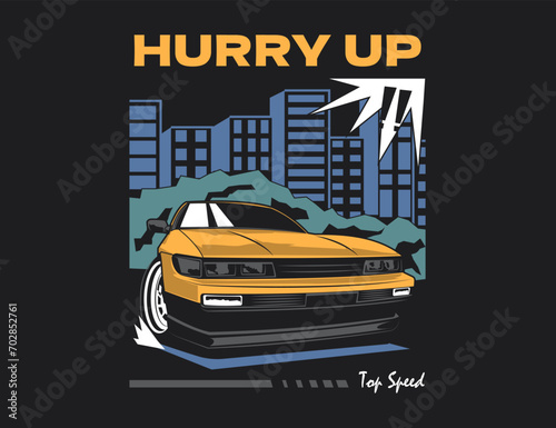 90s car vector with city landscape backdrop along with text illustration graphic
