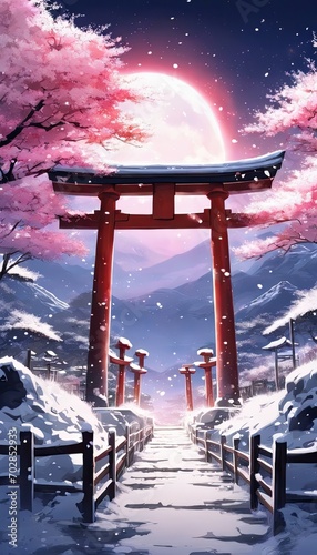 Colorful Snowy Japanese Torii Gate with Sakura and Beautiful Winter Landscape Vertical Wallpaper