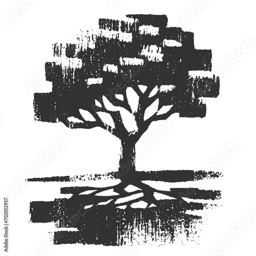 Tree with leaves. Wood block print style vector illustration.