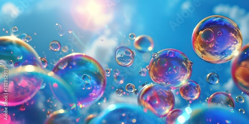 Clean and vibrant top view blue sky background adorned with both large and small colorful bubbles.