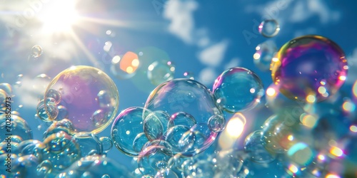 Clean and vibrant top view blue sky background adorned with both large and small colorful bubbles.