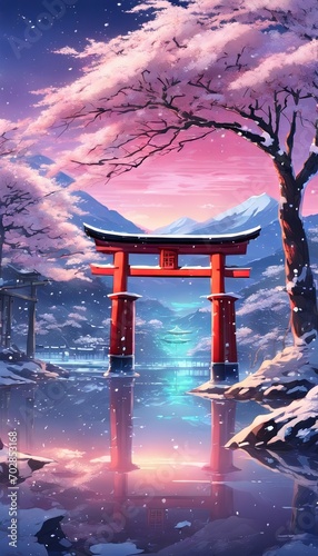 Colorful Snowy Japanese Torii Gate with Sakura and Beautiful Winter Landscape