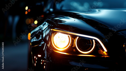 Closeup on headlight of a generic and unbranded black car
