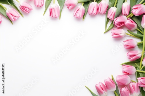 Spring composition as frame of pink tulips around on white background. Greeting card with copy space. photo