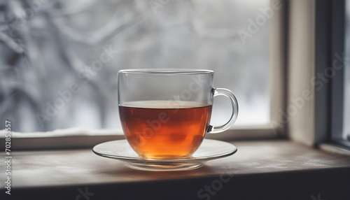 Glass of tea by the Winter Window with space to copy.