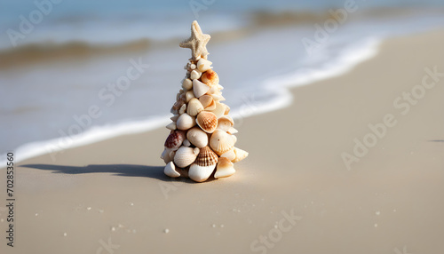 Small seashell Christmas tree on the beach with copy space