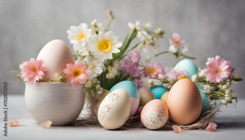 Beautiful Easter eggs with flowers and copy space