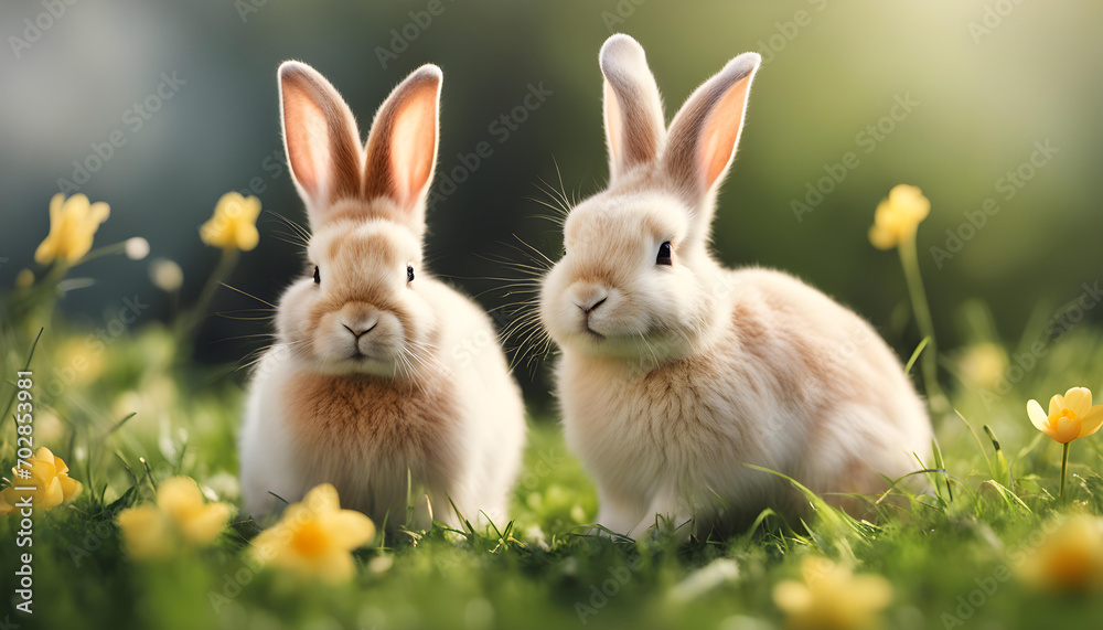 Cute Easter bunnies on a spring meadow Cute Easter bunnies on a spring meadow