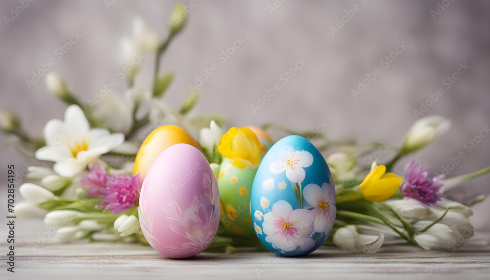 Pretty Easter Eggs with Spring Flowers and Copy Space