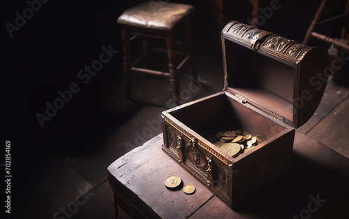 An ancient treasure chest in a dilapidated room filled with cobwebs, cobwebs, photo