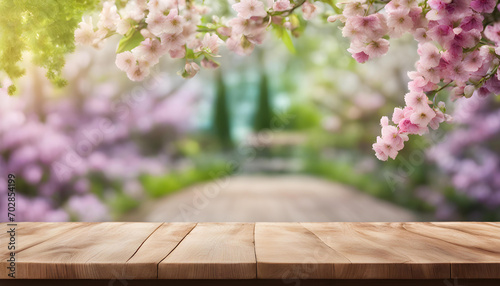 Lovely spring landscape with empty wooden table and copy surface