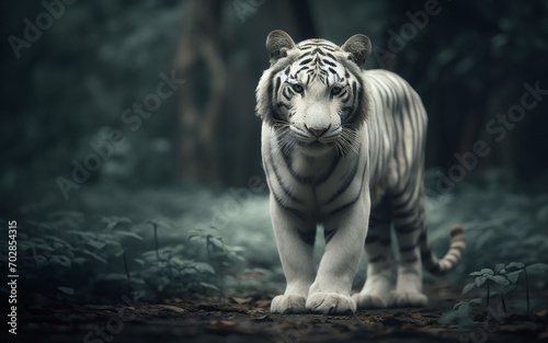 White tiger in the deep forest, rare animal, protected animal