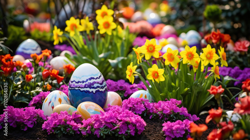 Colorful Easter Eggs Nestled Among Beautiful Flow