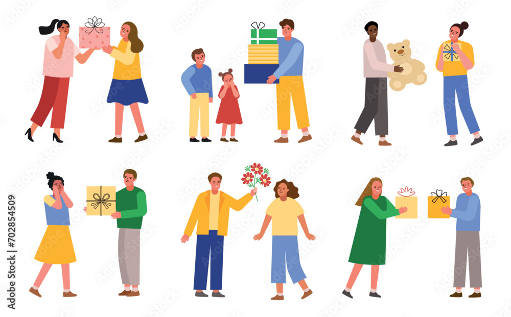 Happy people give gifts to each other. Men women and children with boxes in wrapping paper, flowers and toys, holiday presents, vector set.eps