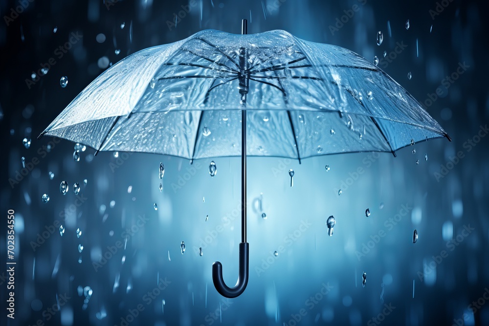 Transparent Umbrella in the Rain with Water Drop Splashes on a Background. Rainy Weather Concept.