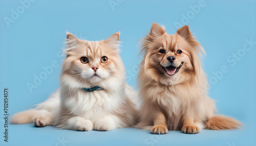 Cute fluffy cat and dog lying together. Pets on blue background, copy space