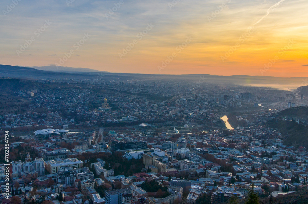 Tbilisi at sunrise panoramic view from Mtatsminda Mountain