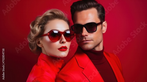 Beautiful fashion woman and her handsome boyfriend in red elegant suit. Sexy blond model in red evening dress. Fashionable couple posing in studio. Brutal man and his female.