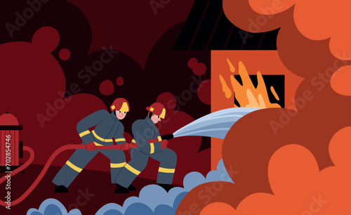 Brave firefighters extinguish fire. Emergency service, rescuers at work, people in protective uniforms and helmets, vector illustration.eps