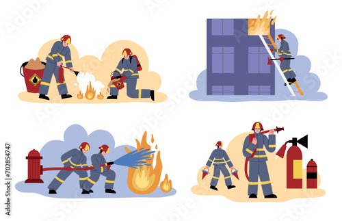 Cartoon firefighters scenes. Brave professionals with equipment at work, wearing uniform, helmets, emergency service, rescuers, vector set.eps