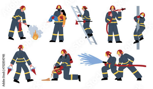 Cute firefighters characters. Professionals with hose  bucket  fire extinguisher  emergency service  protective uniform people  vector set.eps
