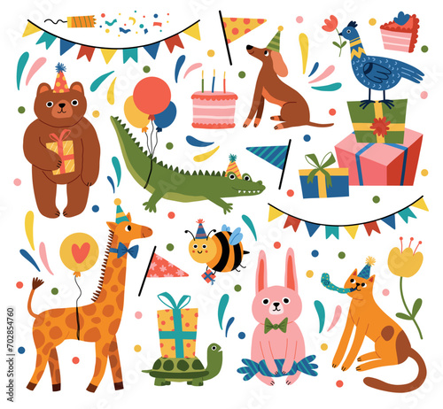 Cute kids holiday animals. Birthday party characters, funny fauna in caps, cartoon wildlife guests, childish gifts and toys, vector set.eps