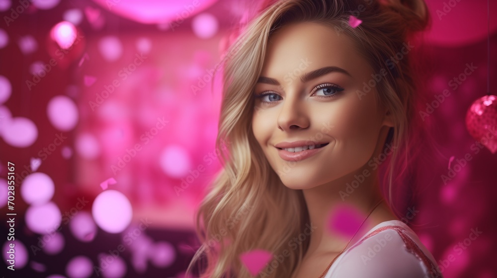 A happy woman with soft pink Valentine's Day effects and a background. A happy woman with soft pink Valentine's Day effects and a background.