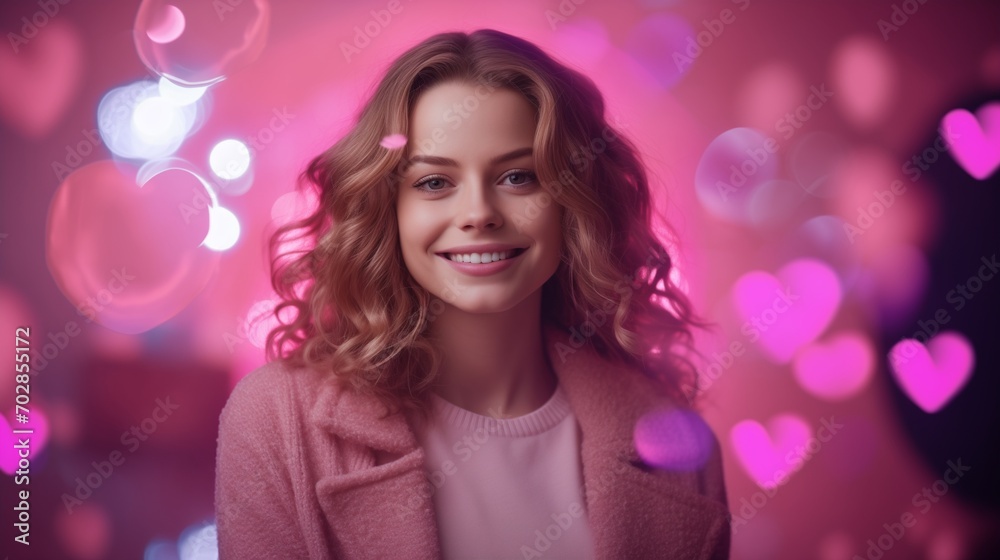 A happy woman with soft pink Valentine's Day effects and a background.