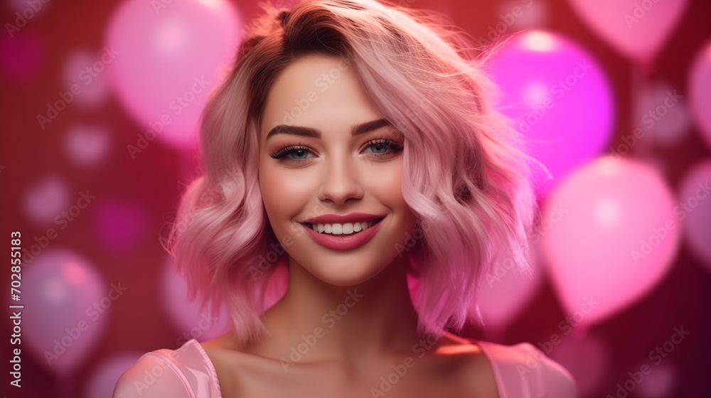 A happy woman with soft pink Valentine's Day effects and a background. A happy woman with soft pink Valentine's Day effects and a background.