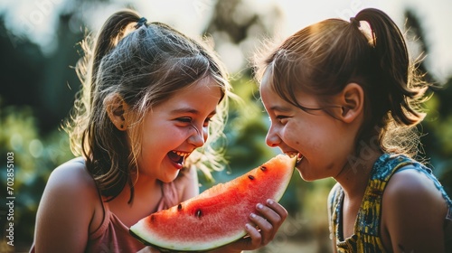 Close up portrait of two young girls enjoying a watermelon. Female friends eating a watermelon slice and laughing together. photo