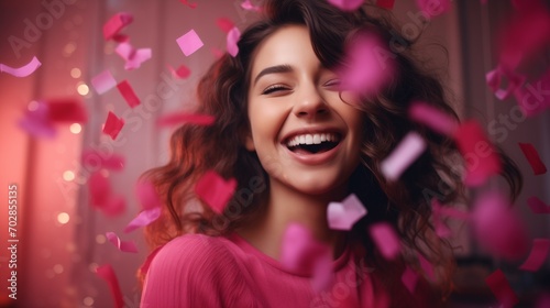 A happy woman with soft pink Valentine's Day effects and a background.