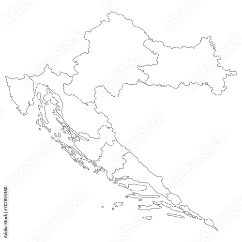Croatia map. Map of Croatia in eight mains regions in white color
