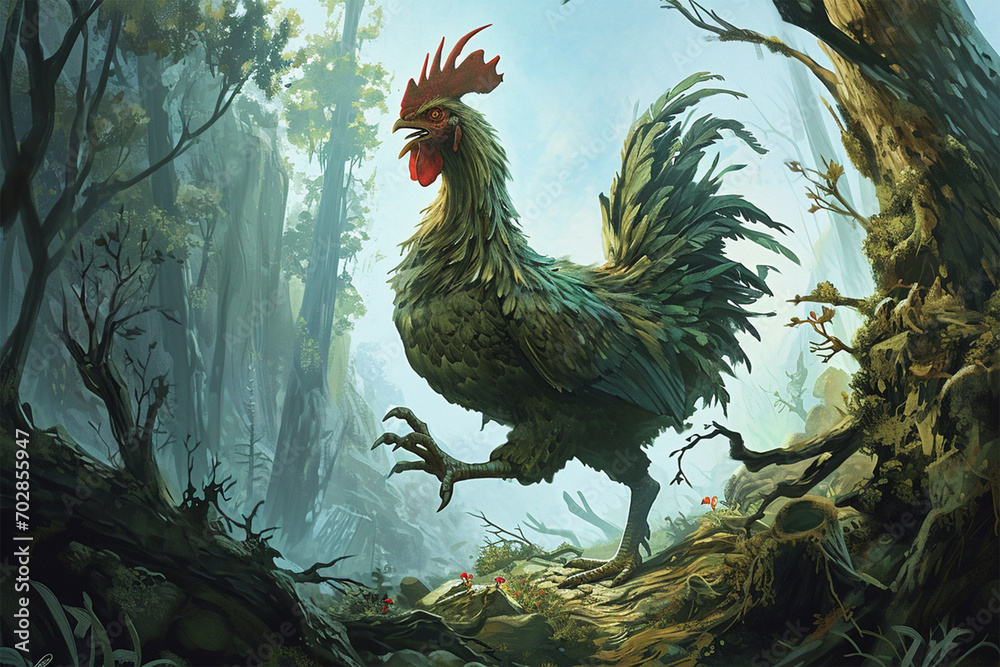 illustration of a giant chicken guarding the forest - obrazy, fototapety, plakaty 
