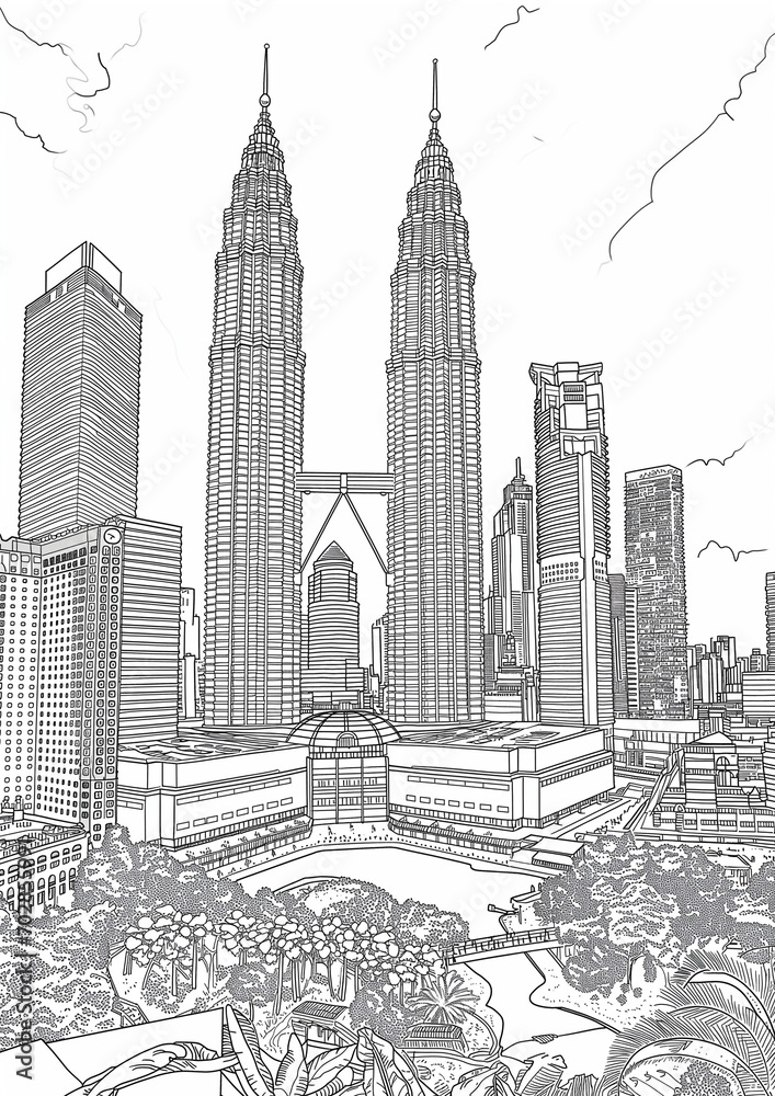 Coloring Pages of Petronas Twin Tower, Kuala lumpur Malaysia