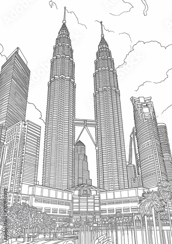 Coloring Pages of Petronas Twin Tower, Kuala lumpur Malaysia photo