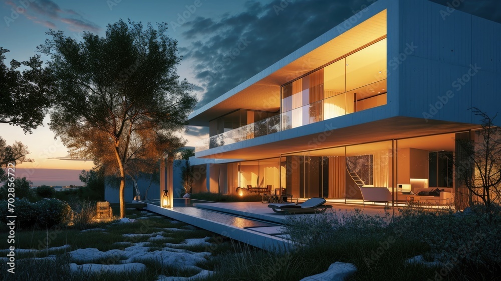 Modern House Design at Night: Contemporary Architecture with Illuminated Exterior