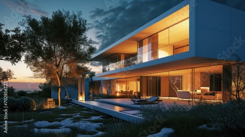 Modern House Design at Night: Contemporary Architecture with Illuminated Exterior © AIGen