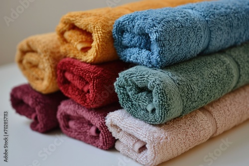 Soft and Colorful Bathroom Towels Stack on White Background © AIGen