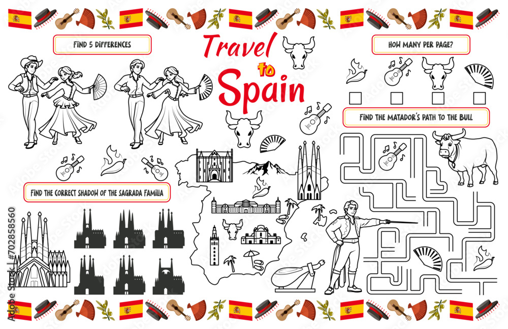 A fun holiday placemat for kids. Print out the “Travel to Spain” activity sheet with a labyrinth, find the differences, and find the same ones. 17x11 inch printable vector file	