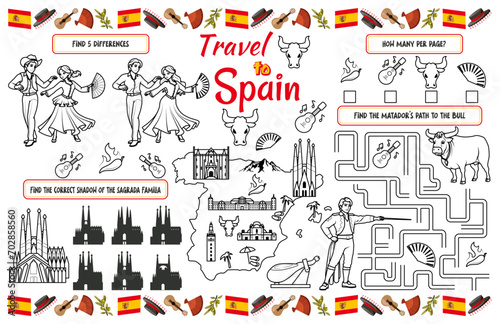 A fun holiday placemat for kids. Print out the “Travel to Spain” activity sheet with a labyrinth, find the differences, and find the same ones. 17x11 inch printable vector file	 photo