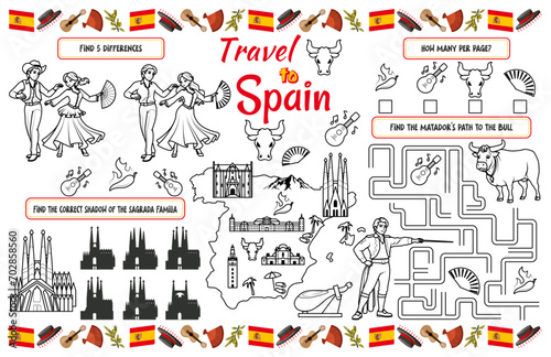 A fun holiday placemat for kids. Print out the “Travel to Spain” activity sheet with a labyrinth, find the differences, and find the same ones. 17x11 inch printable vector file	