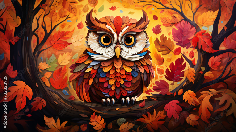 Cute whimsical owl portrait surrounded by colors