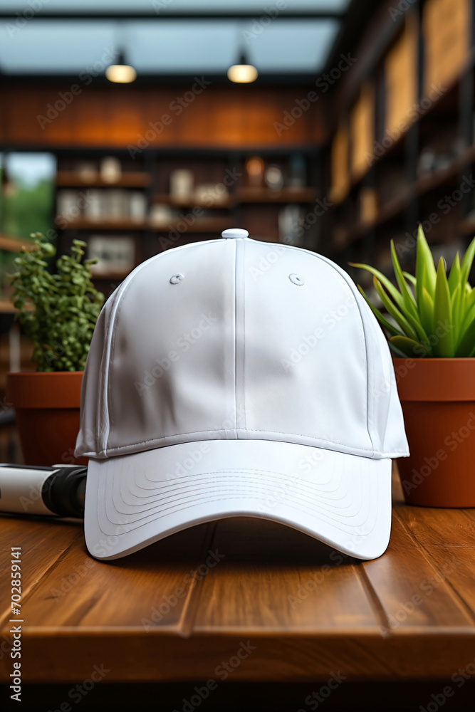 White baseball cap mockup on a wooden table in the office. Front view.
