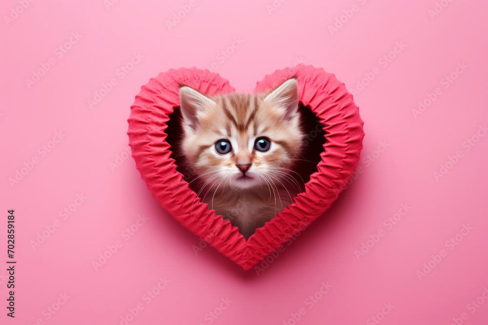 A cute and attractive kitten surrounded by a red heart on a pink background A cute and attractive kitten surrounded by a red heart on a pink background